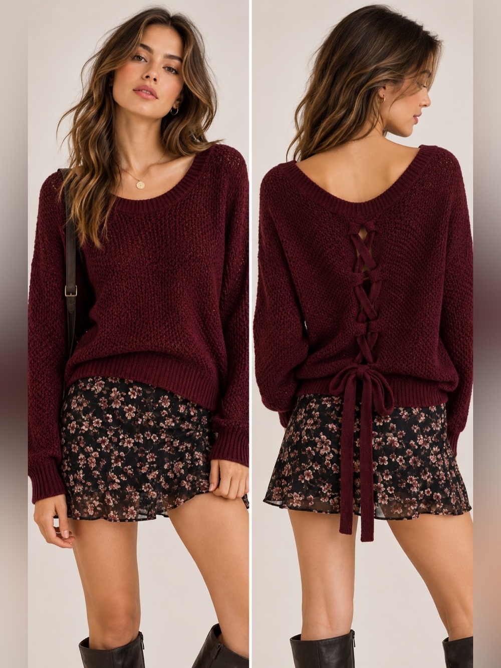 Women’s Lace-Up Back Crewneck Sweater - Burgundy